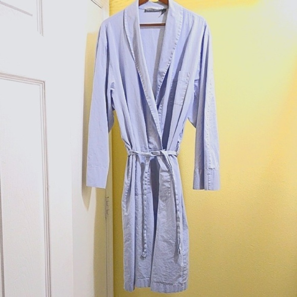 Saks Fifth Avenue Mens XL Blue Herringbone 100% Cotton Robe Made in‎ Italy